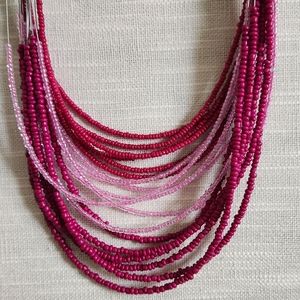 🆕️Beaded Pink STATEMENT  NECKLACE with silvertone cord and clasp